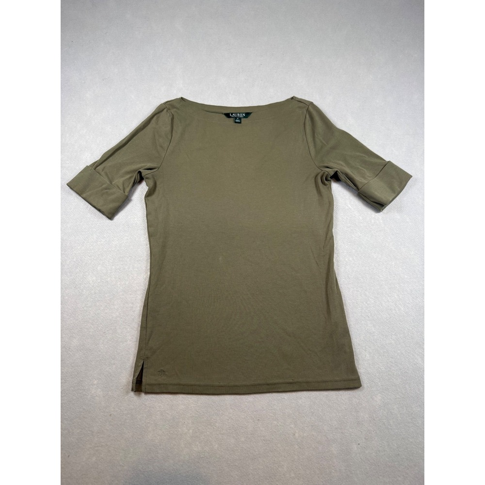Lauren Ralph Lauren Women Olive Green Boat Neck Cuffed Short Sleeve Top Size M